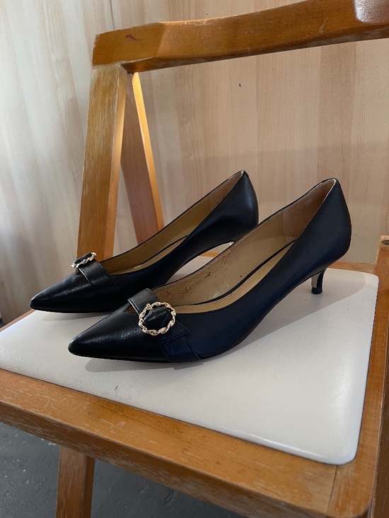 Talbots Shoes - Talbots Sylvie Buckle Black Pointed-Toe Leather Pumps with Gold Buckle